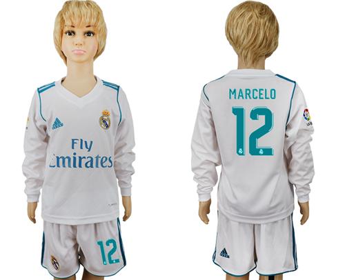 Real Madrid #12 Marcelo Home Long Sleeves Kid Soccer Club Jersey